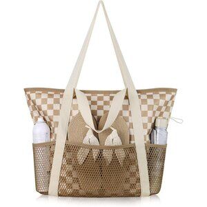 Women Grid Beach Bag Large Waterproof Sandproof Foldable Tote With Zipper Mesh